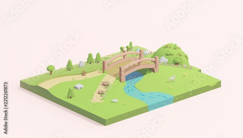 Diagrams of a Small River, Bridge, Path, and Natural Landscape Scene