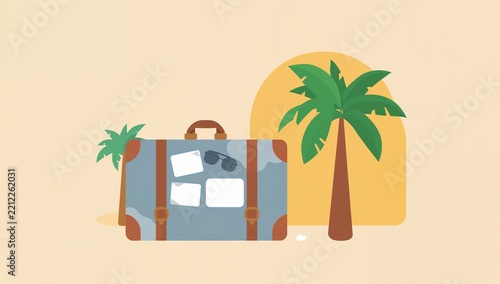 Summer Vacation Travel Bag with Sunglasses and Palm Tree Scene Illustration