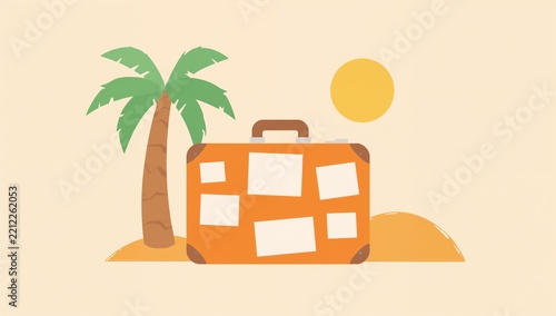 Tropical Vacation Scene with Palm Tree Suitcase and Sunny Sky