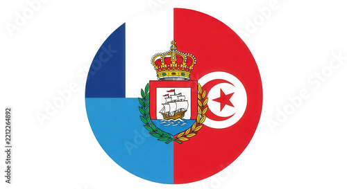 Round badge featuring France and Tunisia flags with emblem isolated on transparent background