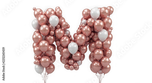 Letter M made of rose gold and white balloons isolated on transparent background