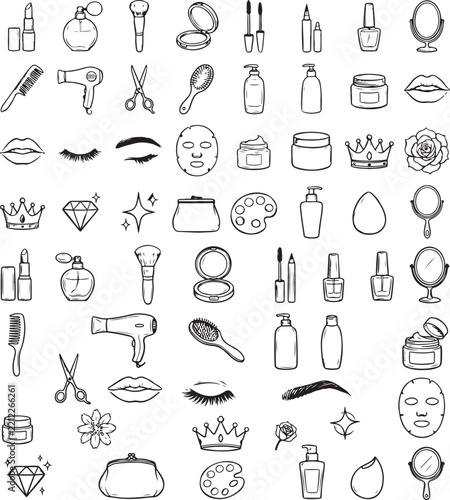 Beauty and cosmetics hand drawn doodles set with makeup tools skincare bottles and accessories.