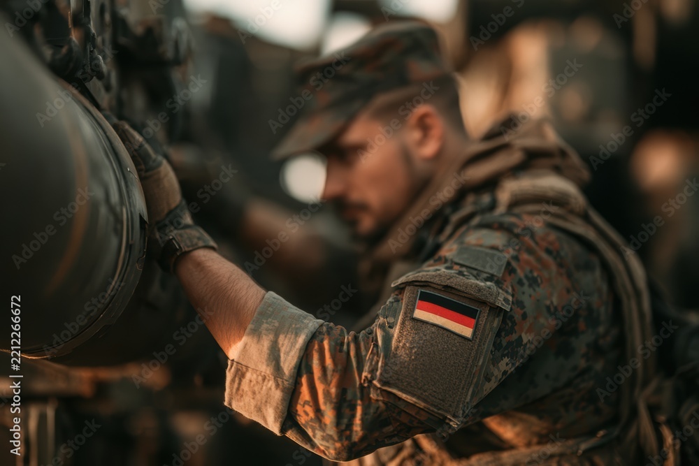 Fototapeta premium German soldier in camouflage uniform working on military equipment