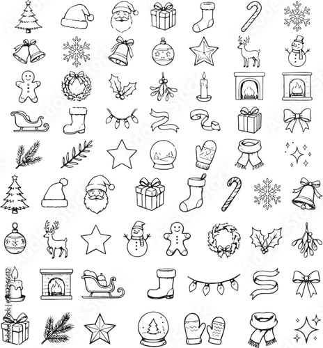 Christmas doodles vector, hand-drawn christmas tree, santa hat, gift, stocking, candy cane, snowflake, gingerbread.
