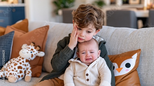 A young boy comforts his crying baby sibling while sitting on a couch with stuffed animals.