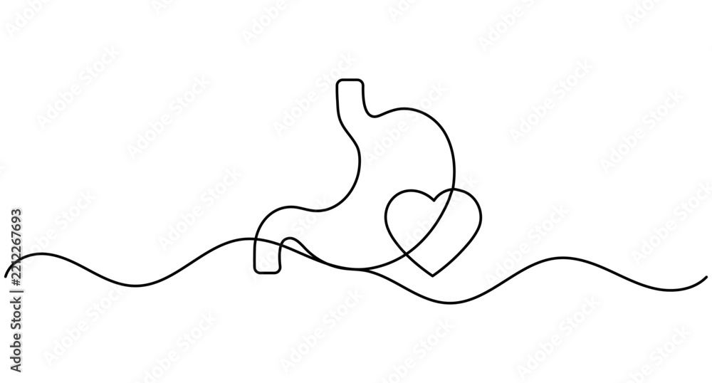 Obraz premium Stomach with heart continuous one line drawing minimalist healthy digestion outline editable stroke vector illustration