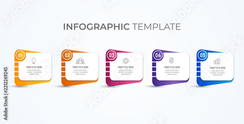 Creative 5 options 3D card process chart with outline business icons and colorful side tabs vector illustration