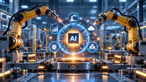 Advanced AI integration in modern factory automation with robotic arms and digital network visualization
