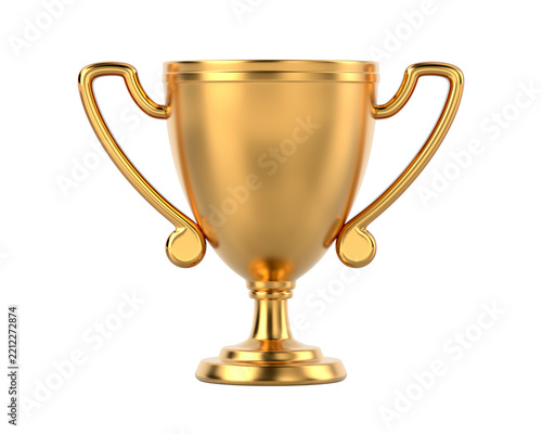Golden award cup. Symmetrical trophy with curved handles symbolizes success and honor. Isolated 3D illustration