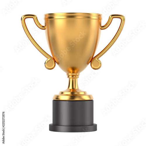 Golden award cup rests on dark cylindrical base, isolated against white. Symmetrical trophy with curved handles symbolizes success and honor. Isolated 3D illustration