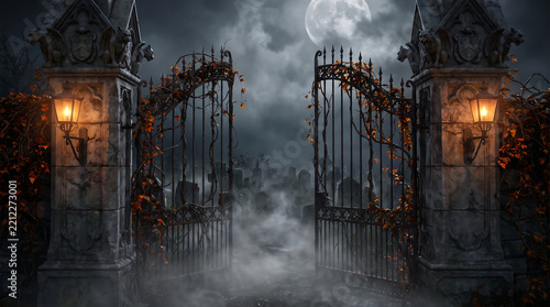 Spooky gothic wrought iron gates at night, cemetery entrance with glowing lanterns, Halloween night full moon graveyard landscape
