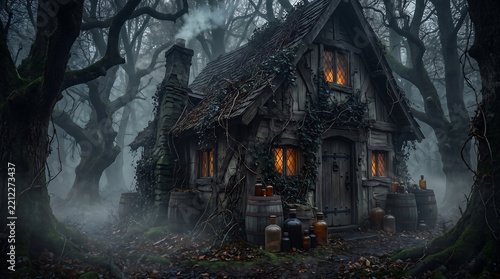Spooky wooden cottage in dark mysterious forest, eerie witch house with glowing windows, mystical fantasy cabin background