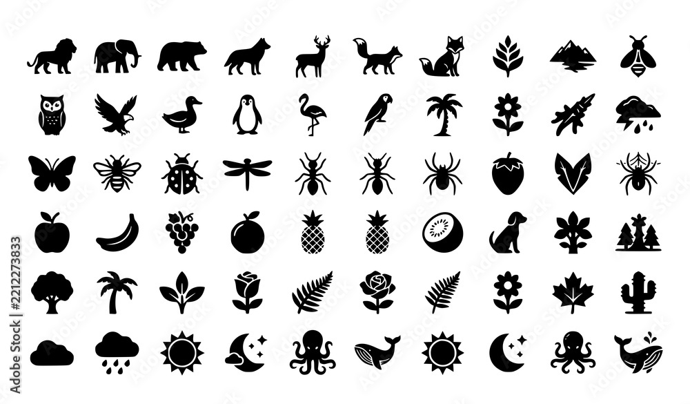 Fototapeta premium Animal and Nature Silhouette Icons Vector Set