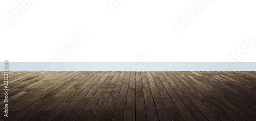 Dark wood floor stage with glass railing and transparent background