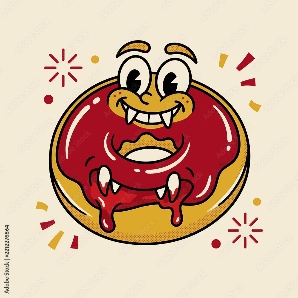Fototapeta premium Cartoon Donut Monster with Red Glaze and Fangs