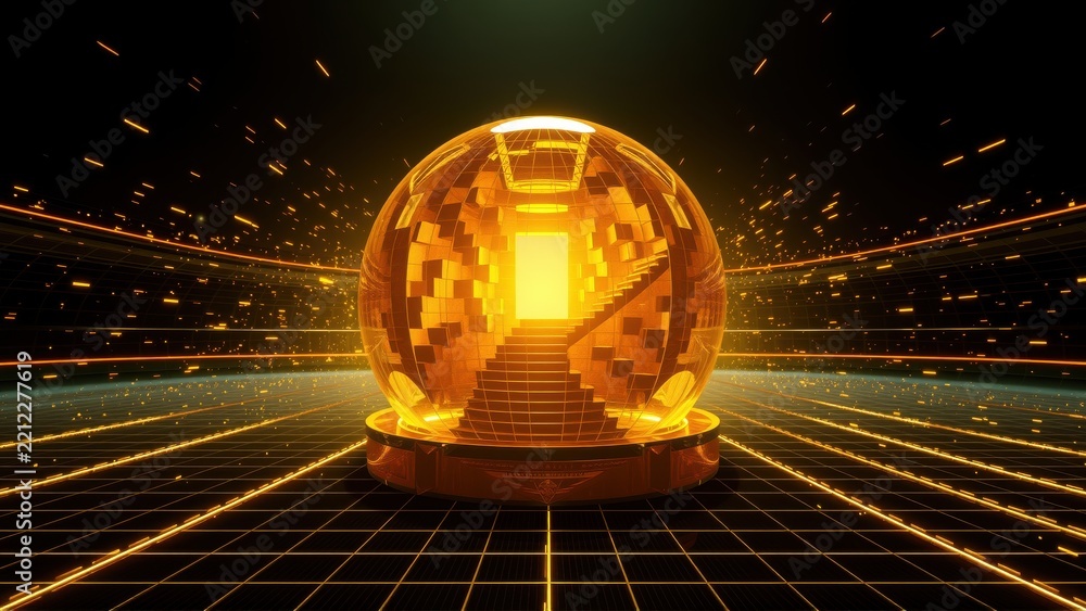 Fototapeta premium Glowing spherical structure contains stairs leading toward bright light. Digital grid extends into dark space. Futuristic design.