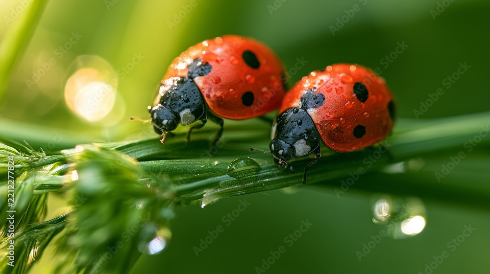 Obraz premium Two vibrant ladybugs crawl gracefully across a verdant green leaf, showcasing nature's delicate beauty and miniature insect life