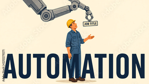 A mechanical robotic arm holding a sign labeled job title above a worker in blue overalls, with the word automation written in large letters