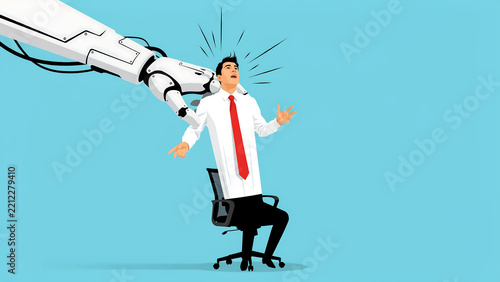 A large white robotic arm pressing down on the head of a businessman in a white shirt and red tie sitting in an office chair, blue background