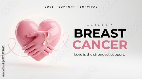 Pink heart shape gently embracing a ribbon, symbolizing support and hope, with text promoting breast cancer awareness, representing love's enduring strength