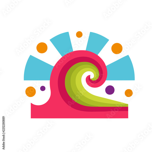 Stylized wave and sun graphic with colorful circles