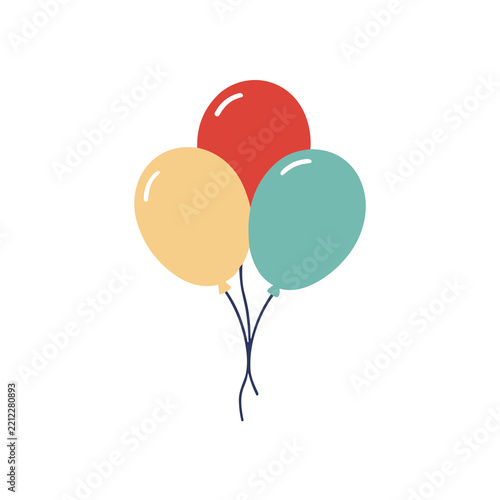 Three balloons: red, yellow, and teal
