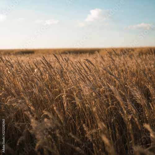 Golden wheat field under warm sunset sky for autumn harvest celebration