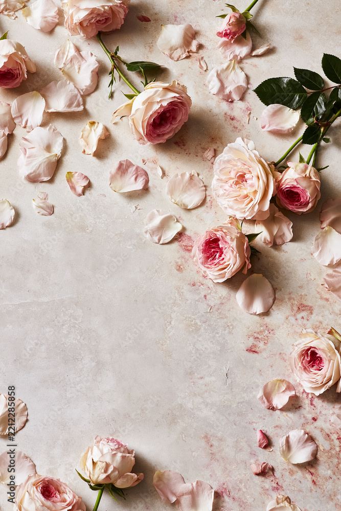 Fototapeta premium Pink roses and delicate petals spread across a textured surface, forming an elegant and romantic floral backdrop for various concepts