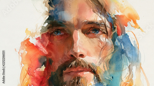 Colorful Watercolor Painting of Jesus with Loose and Fluid Brushstrokes Capturing Deep Emotion and Serenity