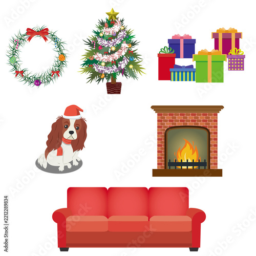 クリスマスモチーフイラストセット（ツリー・リース・プレゼント・サンタ犬・暖炉・ソファ）