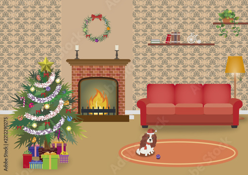 暖炉とツリーのある暖かいクリスマスのリビング風景背景イラスト（赤いソファ・犬・プレゼント）