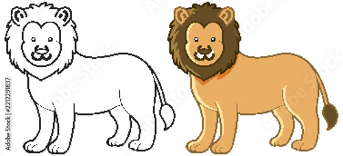 Cartoon Lion Coloring Page and Colored Character Vector Illustration