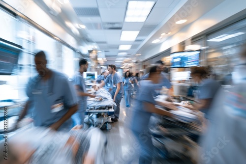 Emergency room doctors rushing patients in busy hospital
