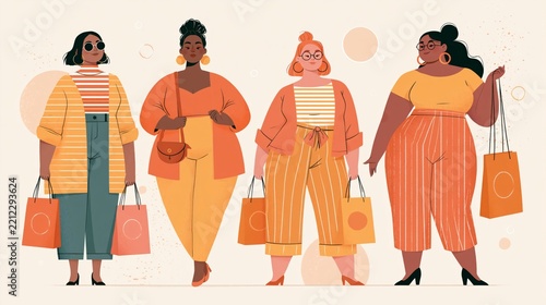 Diverse women carrying shopping bags in a fashion illustration celebrating body diversity and inclusive retail