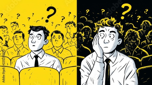 Conceptual illustration of confused men sitting in an audience surrounded by question marks and uncertainty