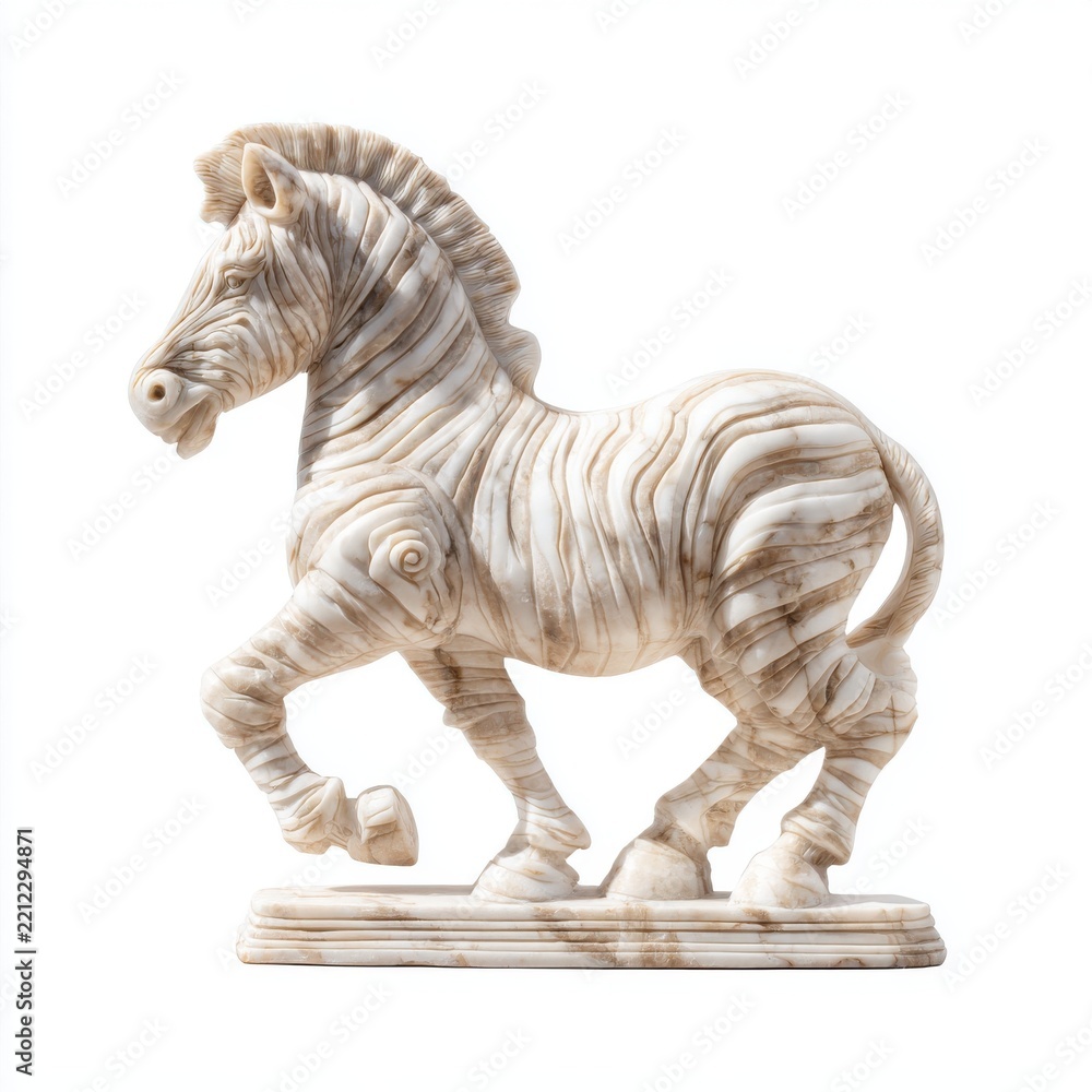 Obraz premium Intricate Carved Marble Zebra Statue Standing On Pedestal Against Plain White Background