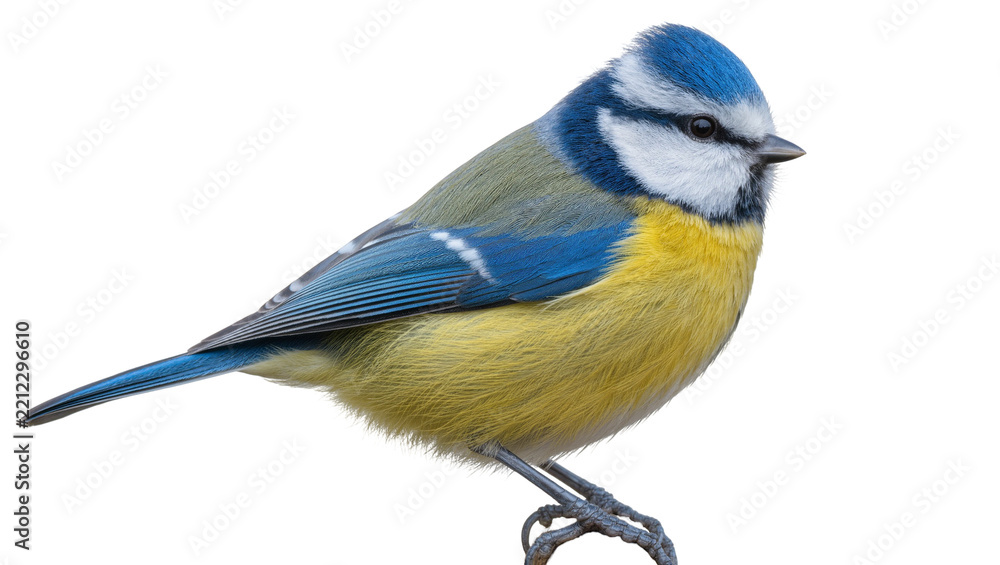 Obraz premium Blue tit bird with vibrant yellow and blue plumage, isolated on transparent background