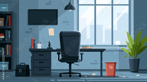 Empty office after an employee quits with vacant chair, desk and resignation message on the wall