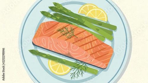 Healthy Grilled Salmon Fillet with Asparagus and Fresh Lemon Slices