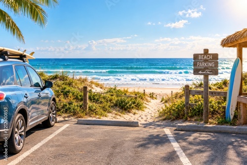 Beach side parking space with sand dunes and ocean waves in the background, summer vibes