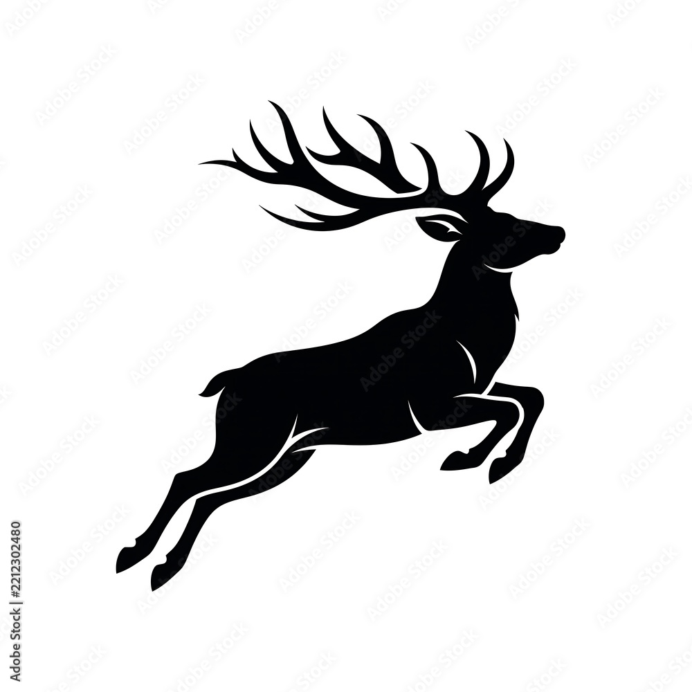 Fototapeta premium A black silhouette of a majestic stag deer leaping in the air isolated on a white background