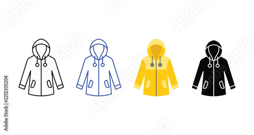 Set of raincoat icons in outline and flat styles