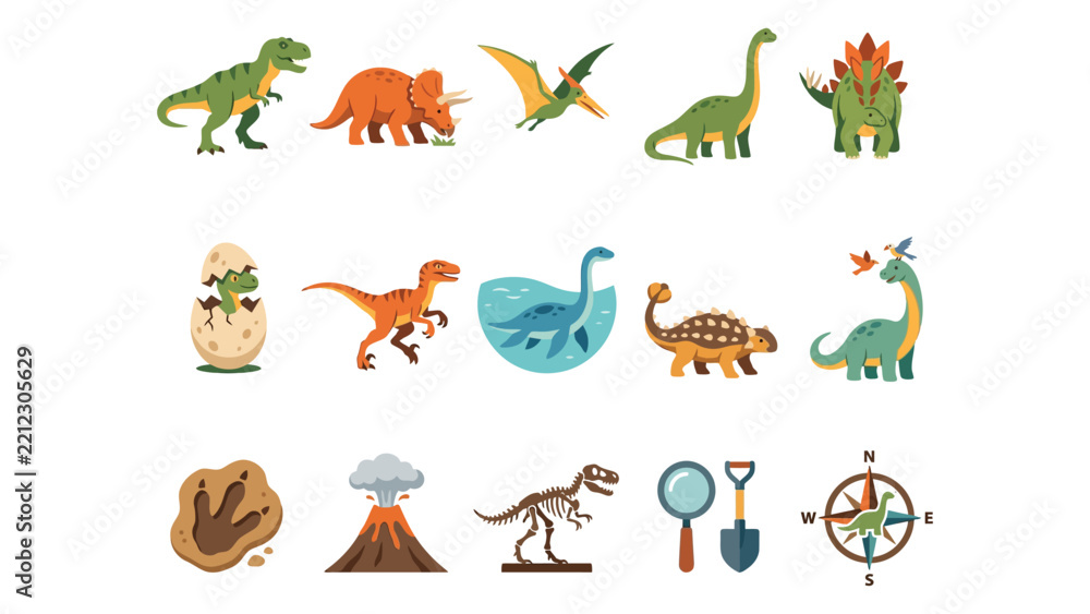 Fototapeta premium Set of dinosaur vector graphics including prehistoric animals fossils volcano and tools on white background with magnifying glass