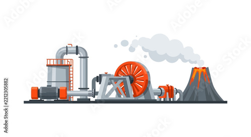 Geothermal Energy Power Plant Flat Vector Illustration