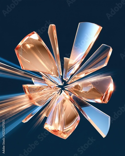 Abstract explosion of glass shards radiating outward with golden highlights and blue motion streaks against deep navy background