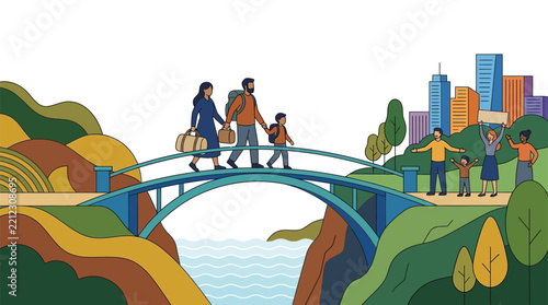 Fotografie Family crossing bridge towards city skyline, illustration of migration and new beginnings, symbolizing hope and journey