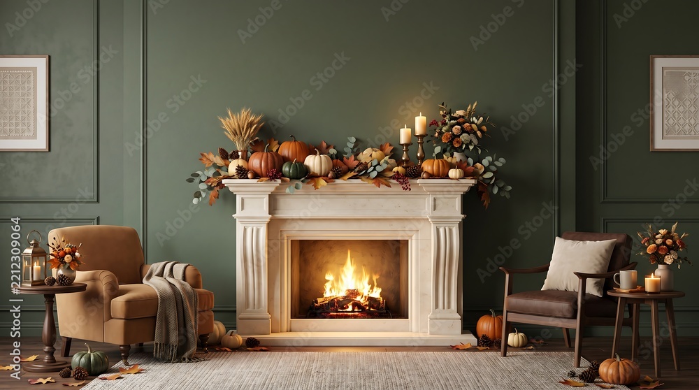 Fototapeta premium A cozy living room interior decorated for a happy thanksgiving day celebration with pumpkins and fireplace