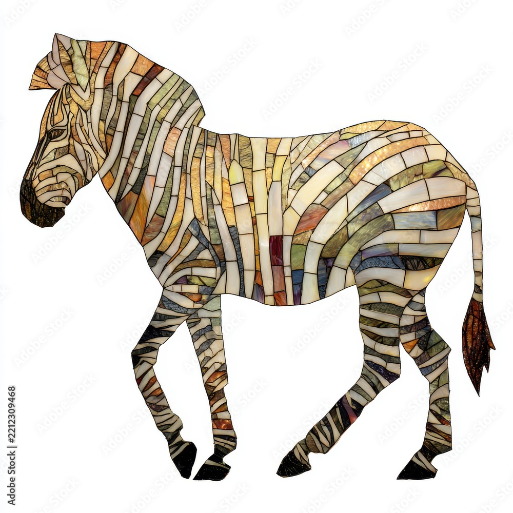 Obraz premium Mosaic Zebra Sculpture With Earth Tone Tiled Stripes On A Plain White Background Isolated