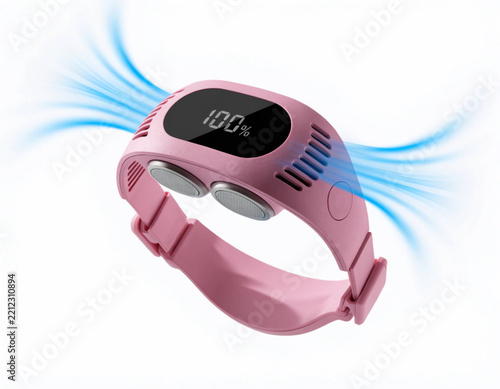 Pink wearable neck fan with digital display isolated on white