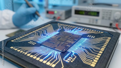 Close up of a microchip with glowing blue circuits in a laboratory setting
